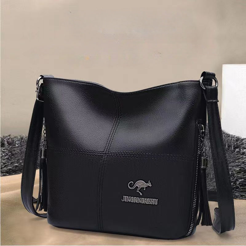 Vegan Leather Bucket Bag – Stitched Crossbody Shoulder Purse for Women