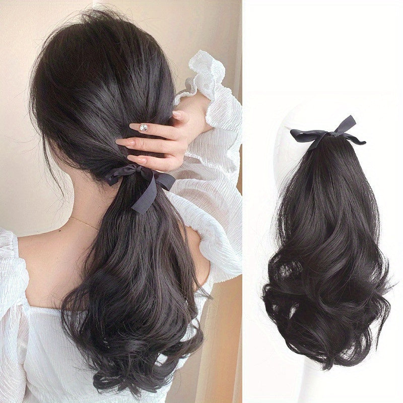 Curly Wavy Ponytail Extension with Ribbon Ties - Synthetic Wraparound Ponytail for Women, Elegant Everyday & Holiday Hair Accessory