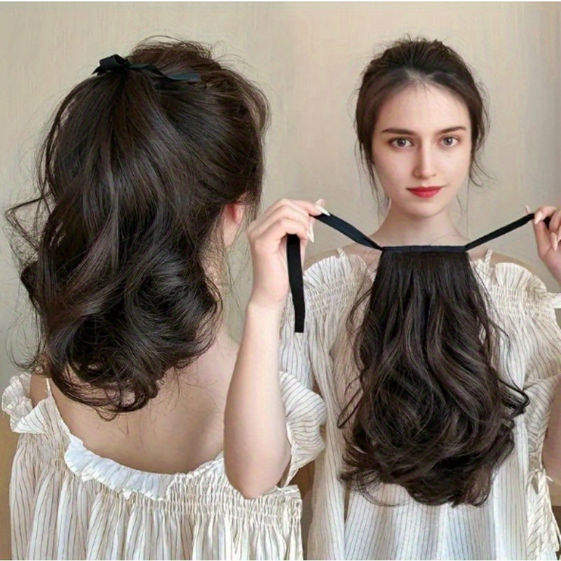 Curly Wavy Ponytail Extension with Ribbon Ties - Synthetic Wraparound Ponytail for Women, Elegant Everyday & Holiday Hair Accessory