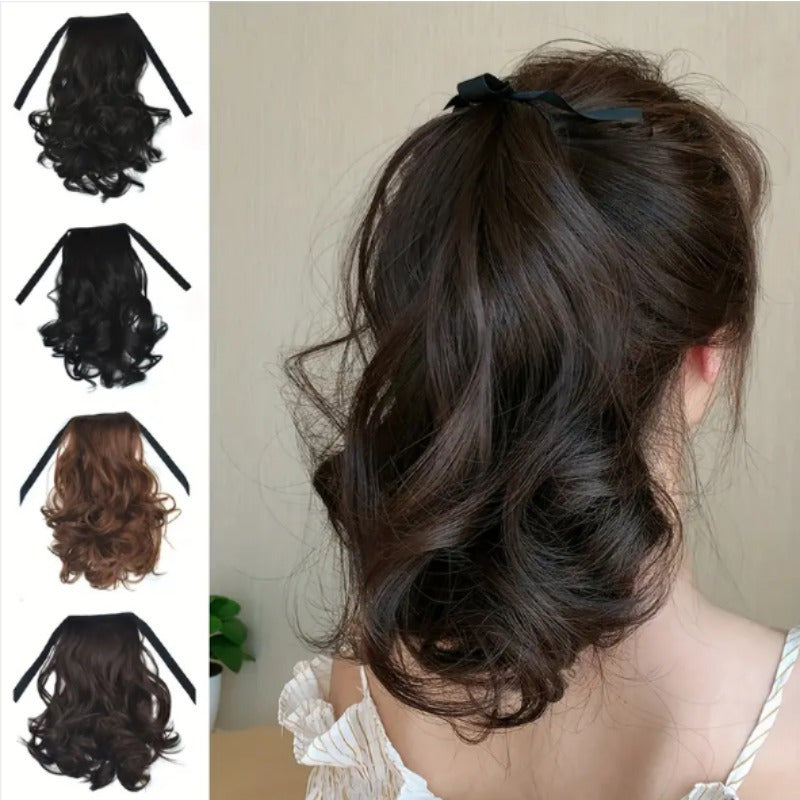 Curly Wavy Ponytail Extension with Ribbon Ties - Synthetic Wraparound Ponytail for Women, Elegant Everyday & Holiday Hair Accessory