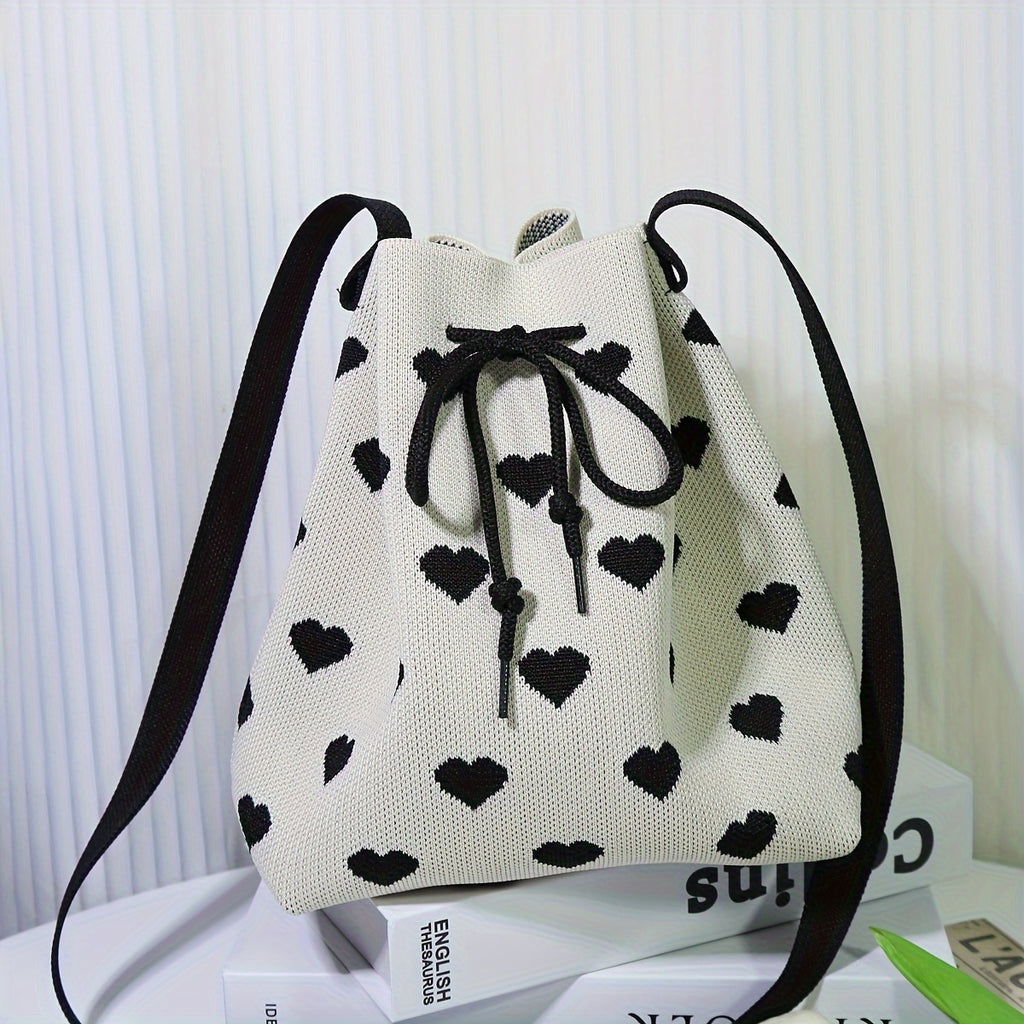 Heart Pattern Drawstring Bucket Bag for Women - Classic All-Match Handbag