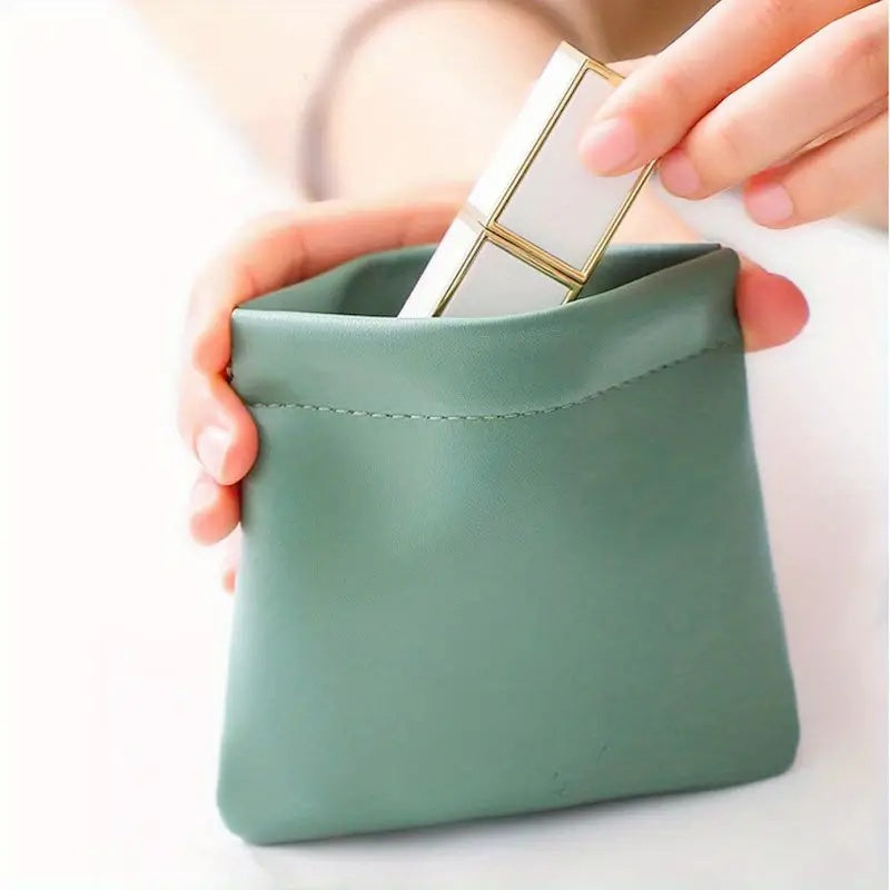 Mini Self-Closing Travel Pouch — Lightweight PU Coin & Makeup Organizer, Compact Clutch (Sky Blue, Orange, Pink, Green)