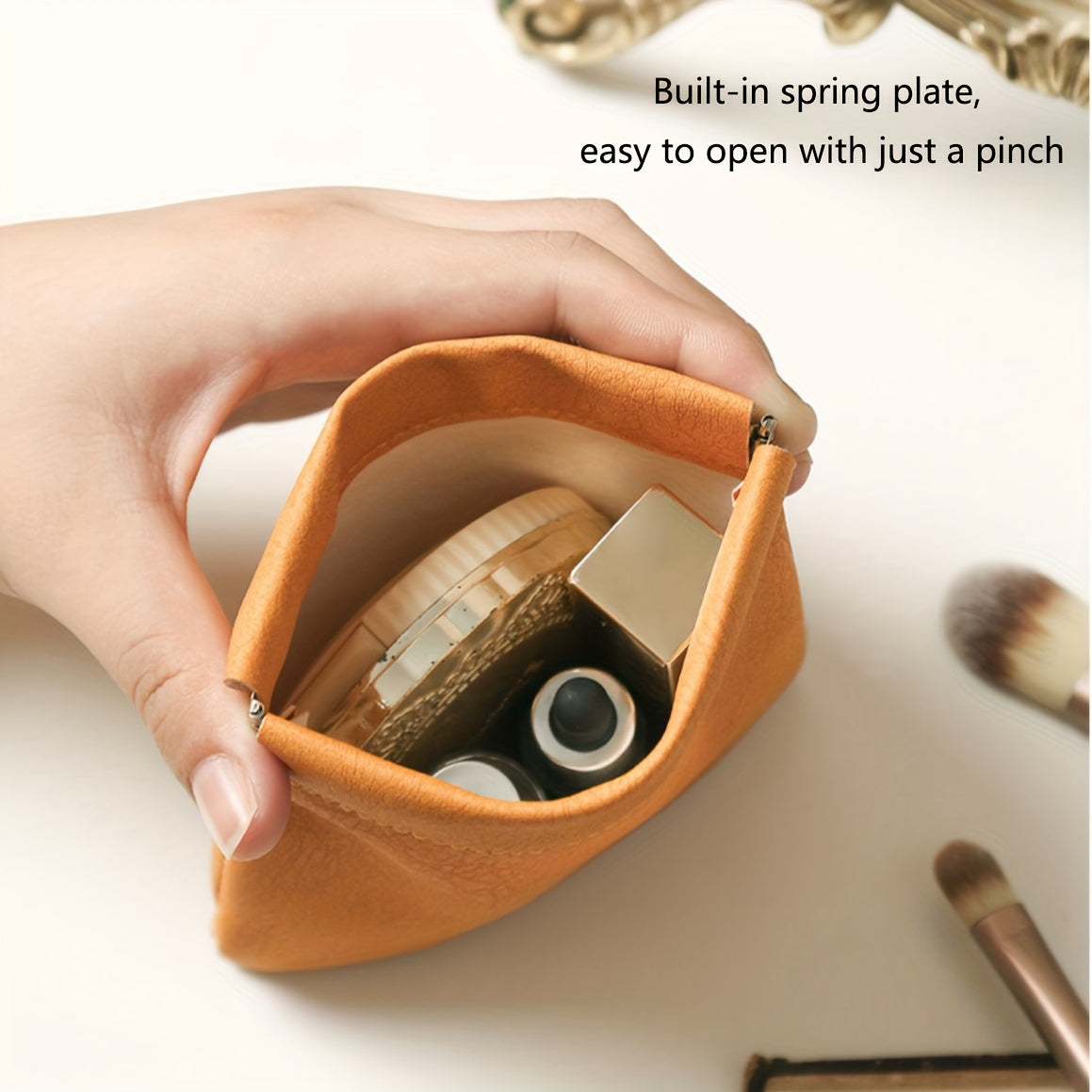 Mini Self-Closing Travel Pouch — Lightweight PU Coin & Makeup Organizer, Compact Clutch (Sky Blue, Orange, Pink, Green)