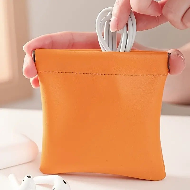 Mini Self-Closing Travel Pouch — Lightweight PU Coin & Makeup Organizer, Compact Clutch (Sky Blue, Orange, Pink, Green)