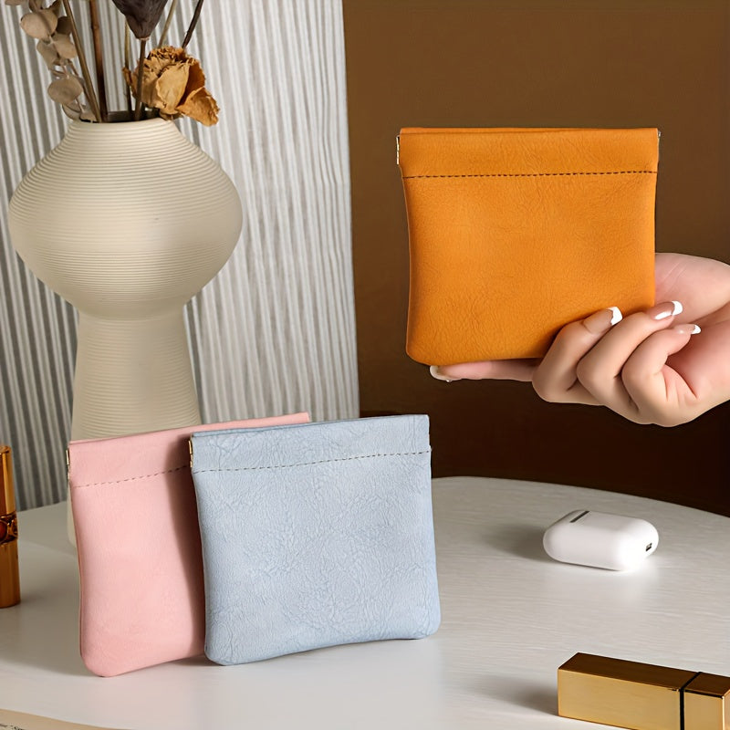 Mini Self-Closing Travel Pouch — Lightweight PU Coin & Makeup Organizer, Compact Clutch (Sky Blue, Orange, Pink, Green)