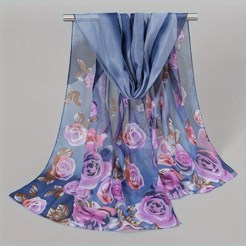 Women's Lightweight Chiffon Floral Scarf - Vintage Colorful Flower Shawl Warm Winter Wrap
