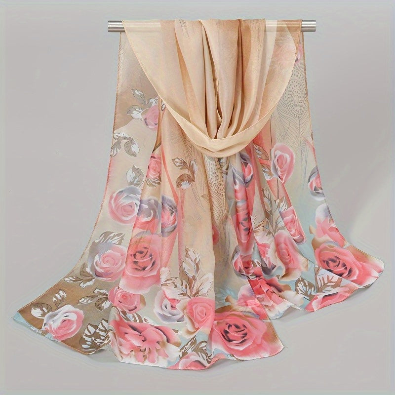 Women's Lightweight Chiffon Floral Scarf - Vintage Colorful Flower Shawl Warm Winter Wrap