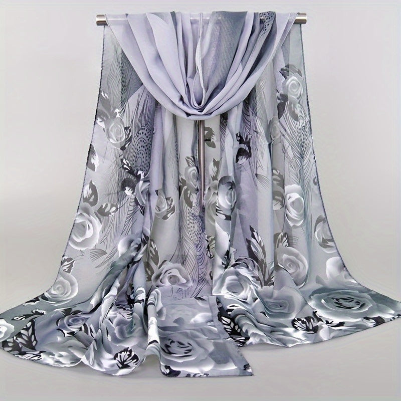 Women's Lightweight Chiffon Floral Scarf - Vintage Colorful Flower Shawl Warm Winter Wrap