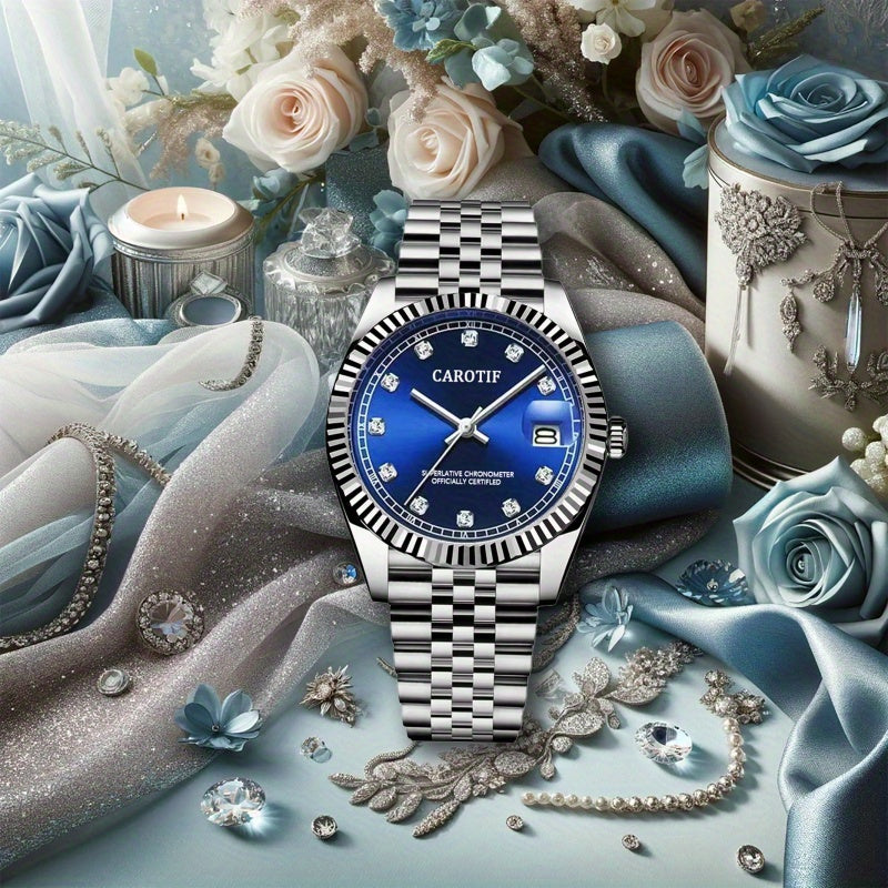 Elegant Blue Steel Automatic Mechanical Watch for Women – Round Alloy Case Vintage Wristwatch