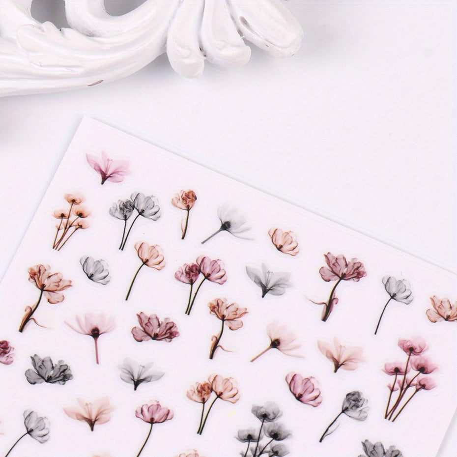 Gradient Bloom Watercolor Flower Nail Stickers - 1 Sheet Self-Adhesive Semi-Gloss Floral & Leaf Decals for Elegant Manicures
