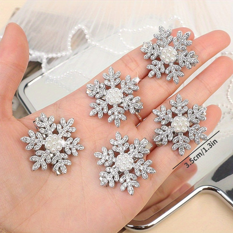 2 or 5-Piece Rhinestone Snowflake Pearl Hair Clips – Winter Christmas Side Barrettes for Women & Teens
