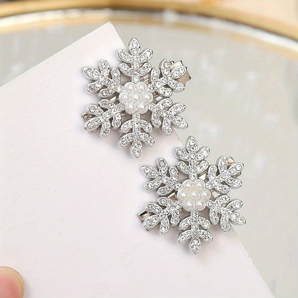 2 or 5-Piece Rhinestone Snowflake Pearl Hair Clips – Winter Christmas Side Barrettes for Women & Teens