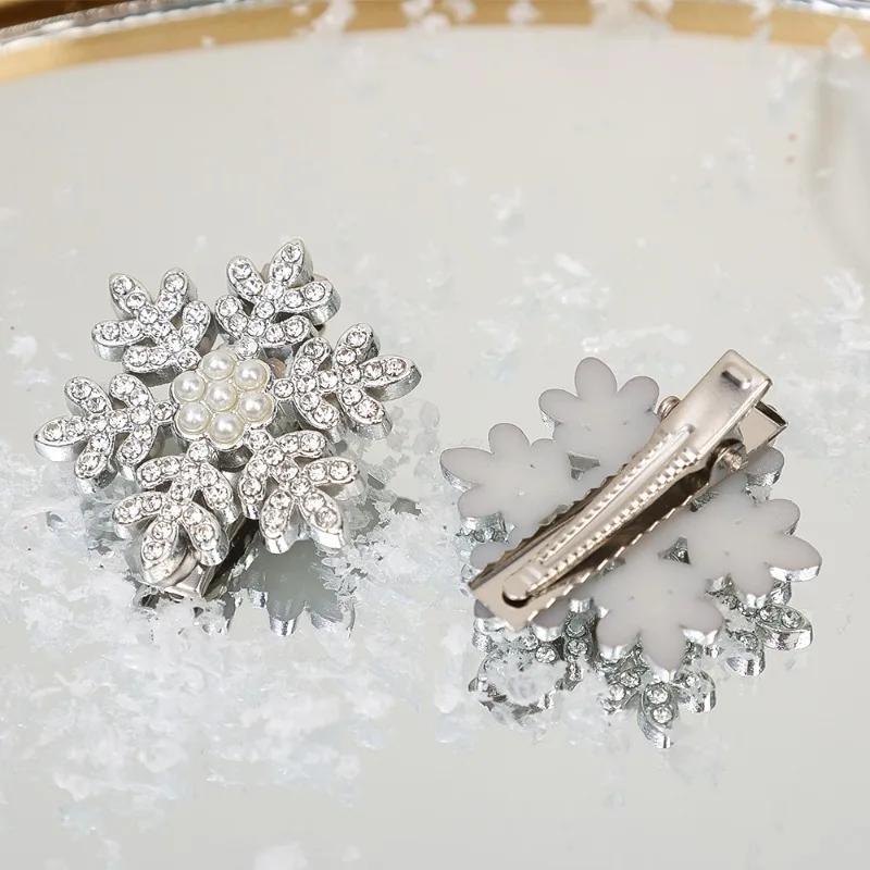 2 or 5-Piece Rhinestone Snowflake Pearl Hair Clips – Winter Christmas Side Barrettes for Women & Teens