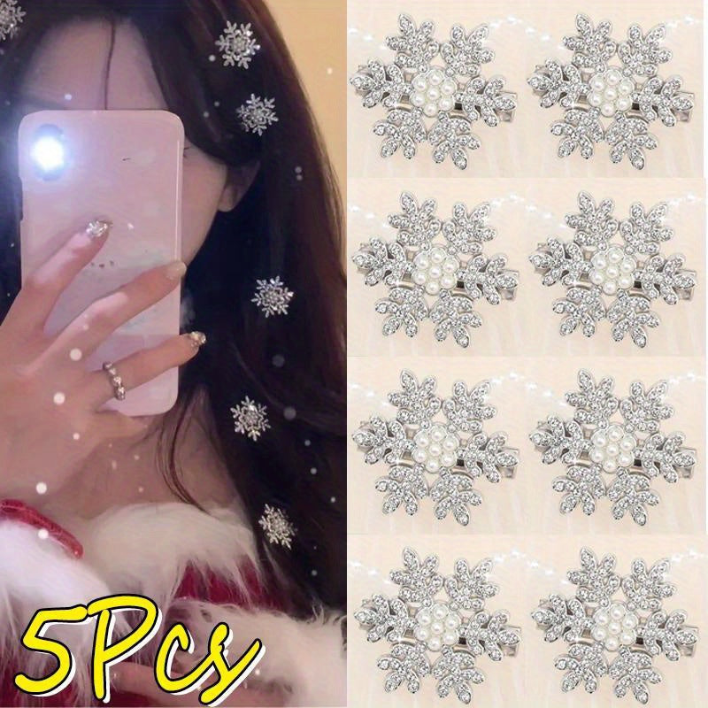 2 or 5-Piece Rhinestone Snowflake Pearl Hair Clips – Winter Christmas Side Barrettes for Women & Teens