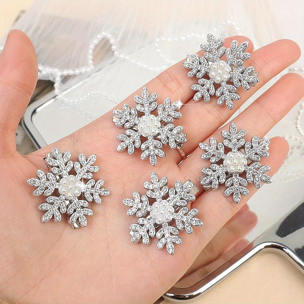 2 or 5-Piece Rhinestone Snowflake Pearl Hair Clips – Winter Christmas Side Barrettes for Women & Teens