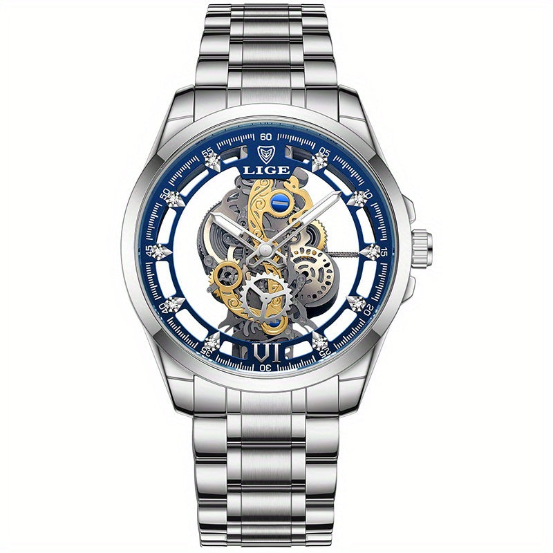 LIGE Vintage Gold-Tone Stainless Steel Watch for Men & Women – Transparent Back, Visible Quartz Movement & Date Display