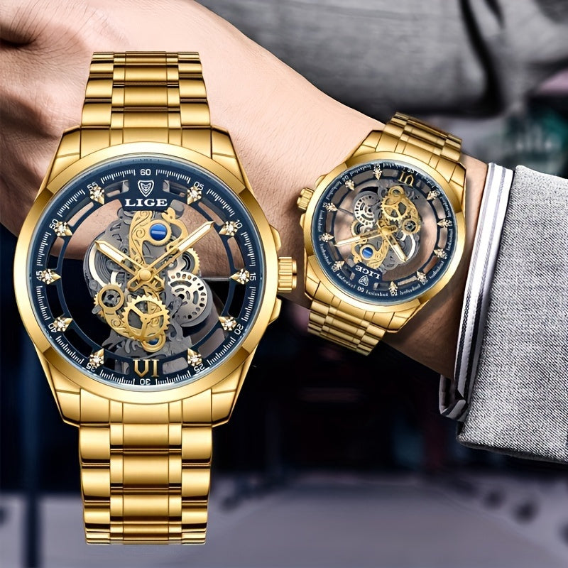 LIGE Vintage Gold-Tone Stainless Steel Watch for Men & Women – Transparent Back, Visible Quartz Movement & Date Display