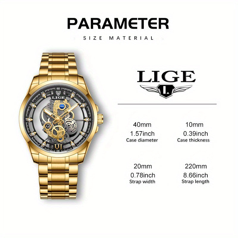 LIGE Vintage Gold-Tone Stainless Steel Watch for Men & Women – Transparent Back, Visible Quartz Movement & Date Display