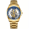 LIGE Vintage Gold-Tone Stainless Steel Watch for Men & Women – Transparent Back, Visible Quartz Movement & Date Display