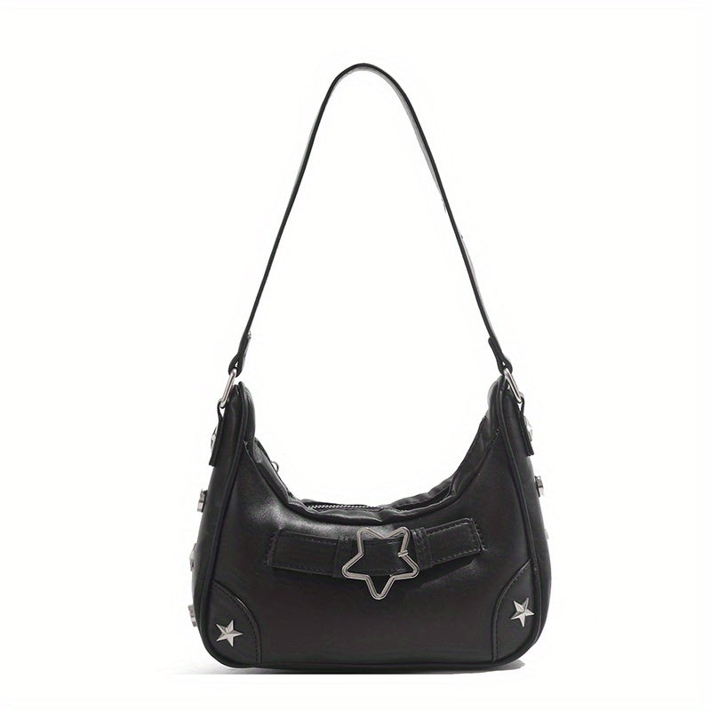 Star Embellished Shoulder Baguette Bag for Women - PU Underarm Clutch with Fixed Strap & Zip Closure, Black White