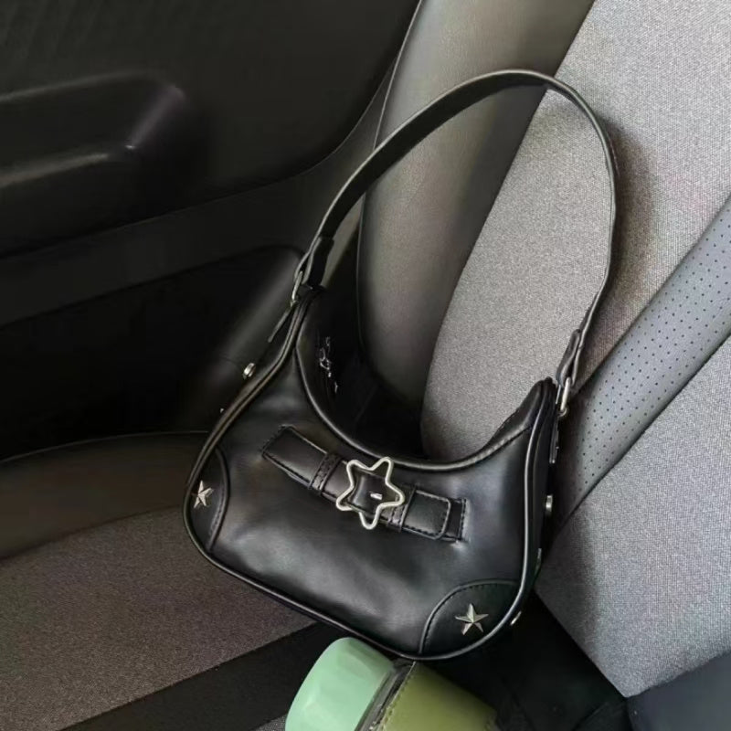 Star Embellished Shoulder Baguette Bag for Women - PU Underarm Clutch with Fixed Strap & Zip Closure, Black White