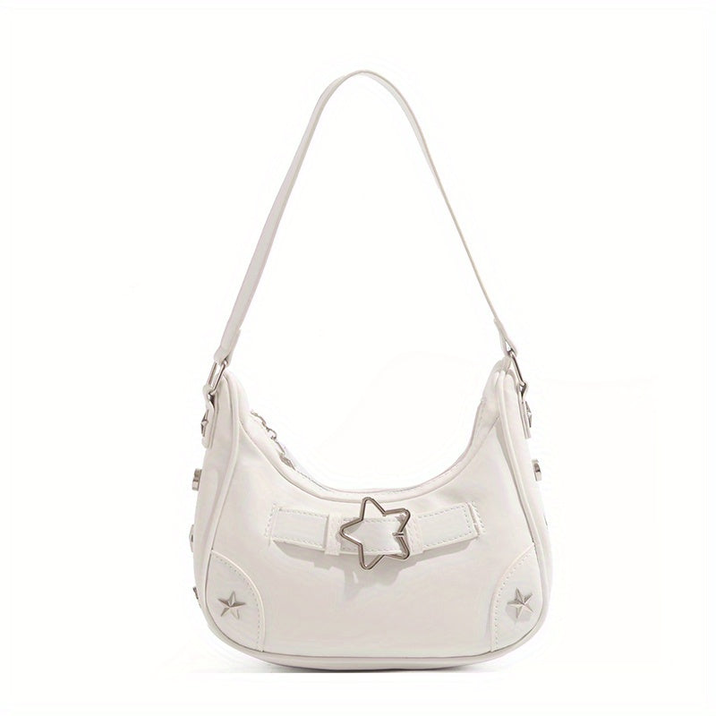 Star Embellished Shoulder Baguette Bag for Women - PU Underarm Clutch with Fixed Strap & Zip Closure, Black White
