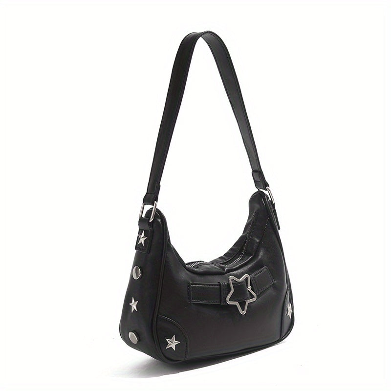 Star Embellished Shoulder Baguette Bag for Women - PU Underarm Clutch with Fixed Strap & Zip Closure, Black White