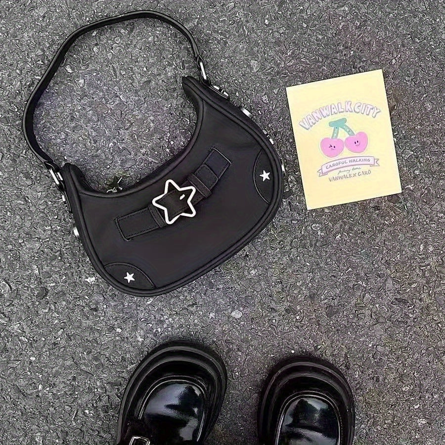 Star Embellished Shoulder Baguette Bag for Women - PU Underarm Clutch with Fixed Strap & Zip Closure, Black White