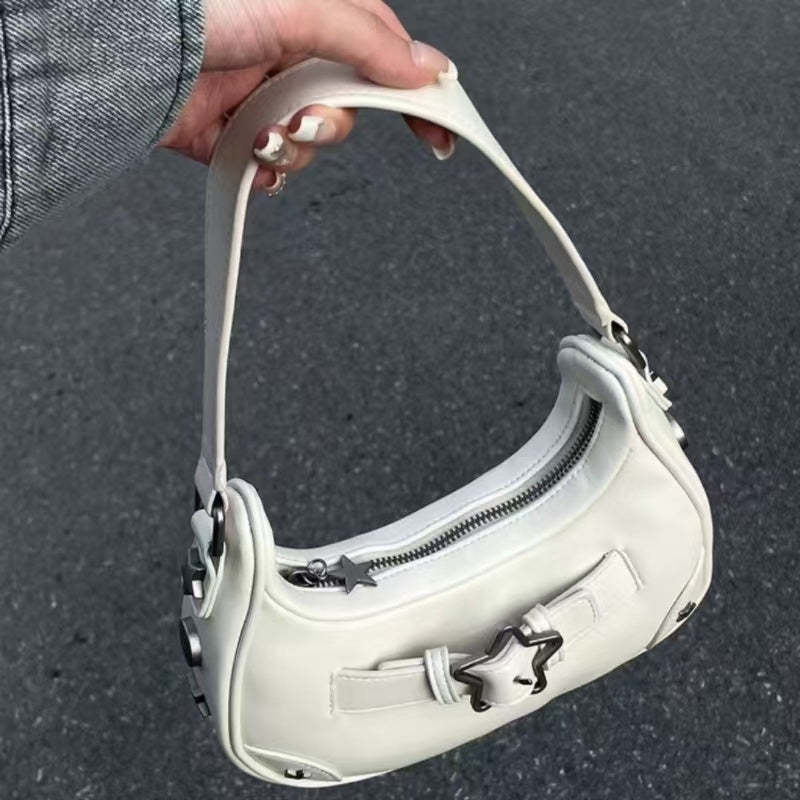 Star Embellished Shoulder Baguette Bag for Women - PU Underarm Clutch with Fixed Strap & Zip Closure, Black White