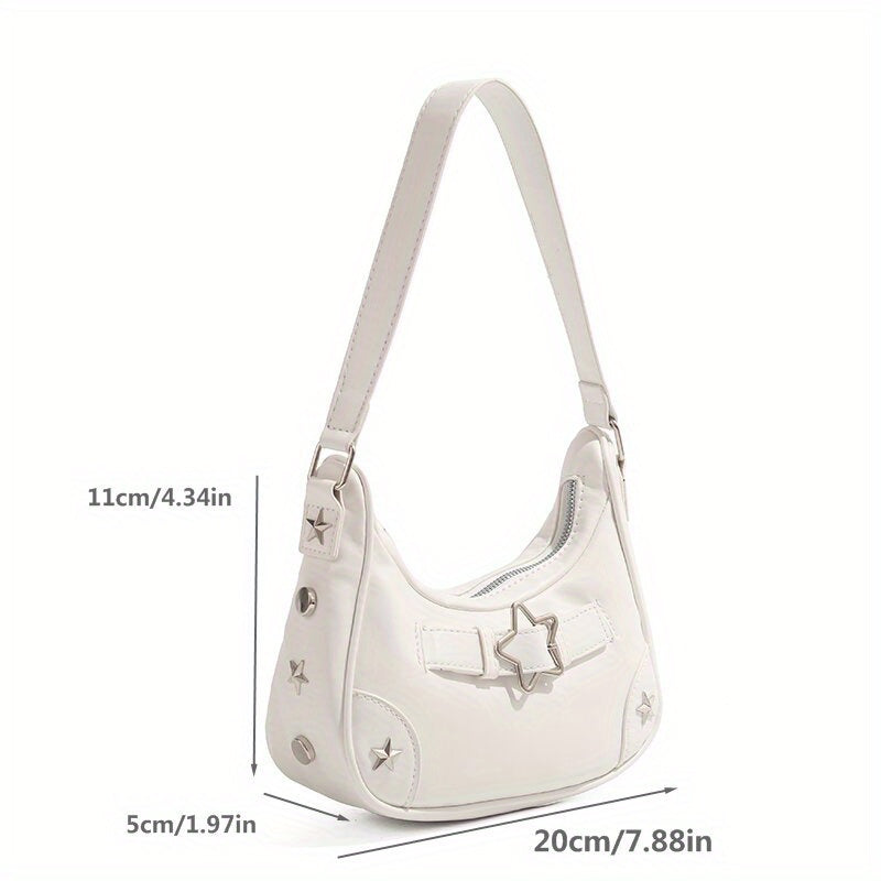 Star Embellished Shoulder Baguette Bag for Women - PU Underarm Clutch with Fixed Strap & Zip Closure, Black White