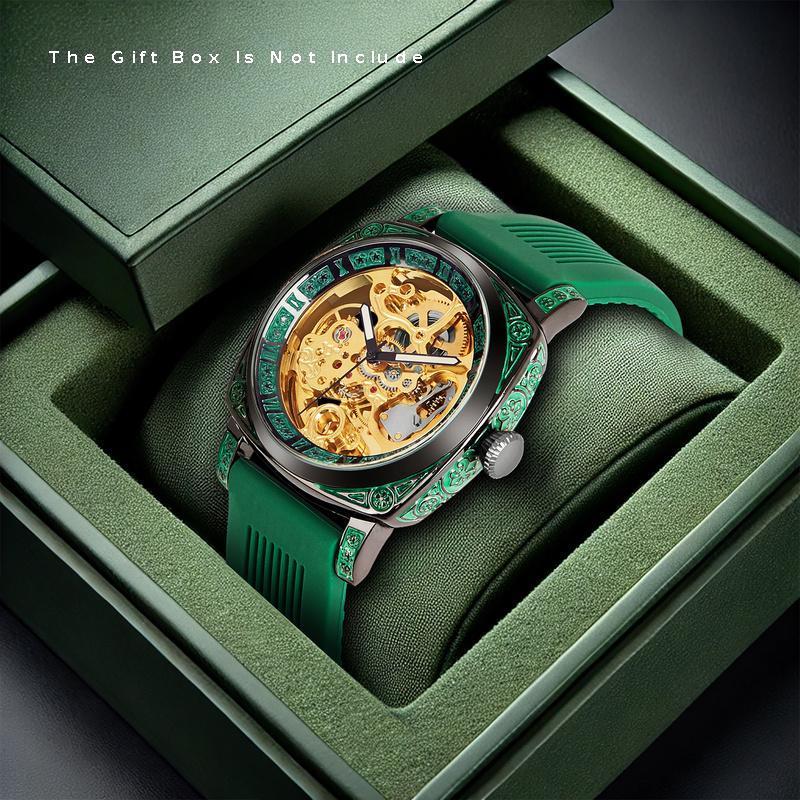 Women's Casual Mechanical Watch - Gold Dial with Black & Green Silicone Strap, Battery-Free Everyday Timepiece