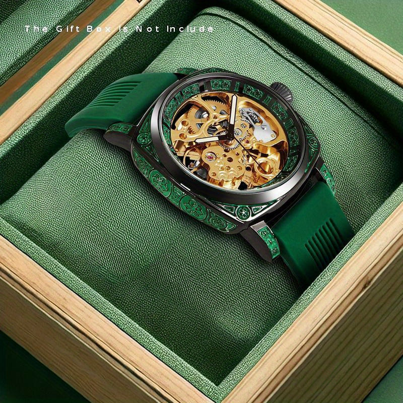 Women's Casual Mechanical Watch - Gold Dial with Black & Green Silicone Strap, Battery-Free Everyday Timepiece