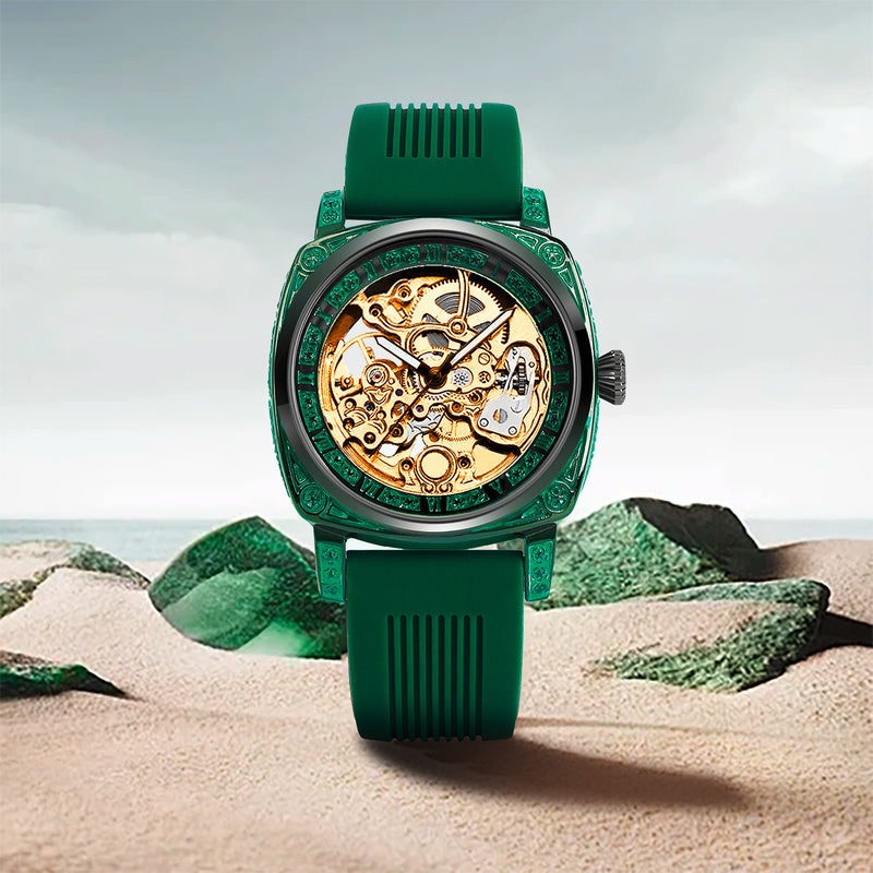 Women's Casual Mechanical Watch - Gold Dial with Black & Green Silicone Strap, Battery-Free Everyday Timepiece