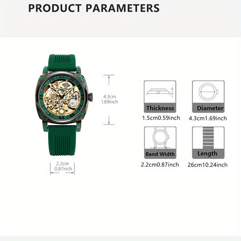 Women's Casual Mechanical Watch - Gold Dial with Black & Green Silicone Strap, Battery-Free Everyday Timepiece