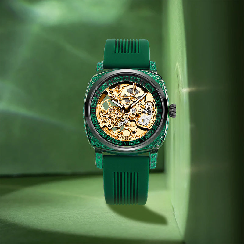 Women's Casual Mechanical Watch - Gold Dial with Black & Green Silicone Strap, Battery-Free Everyday Timepiece