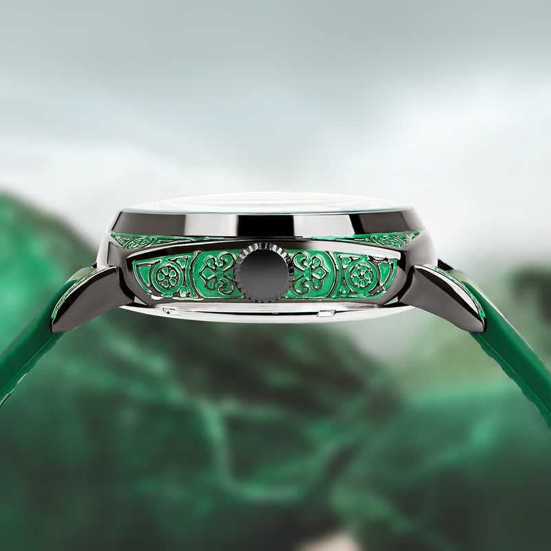 Women's Casual Mechanical Watch - Gold Dial with Black & Green Silicone Strap, Battery-Free Everyday Timepiece