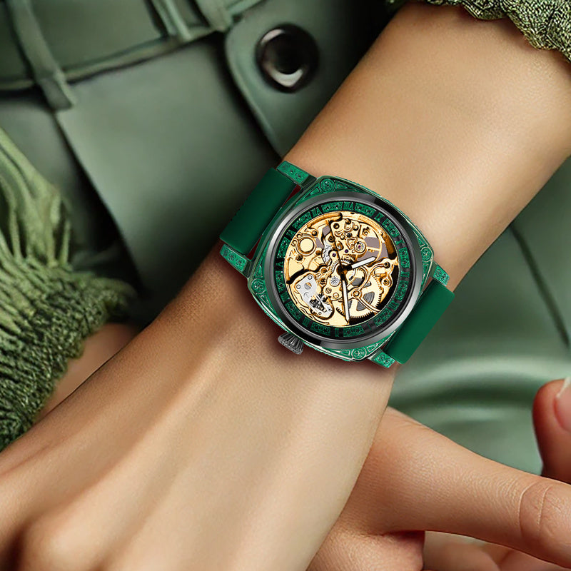 Women's Casual Mechanical Watch - Gold Dial with Black & Green Silicone Strap, Battery-Free Everyday Timepiece