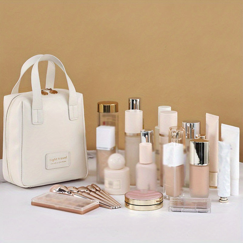 White Faux Leather Large Capacity Makeup Bag - Portable Double-Zipper Cosmetic Organizer for Travel & Home