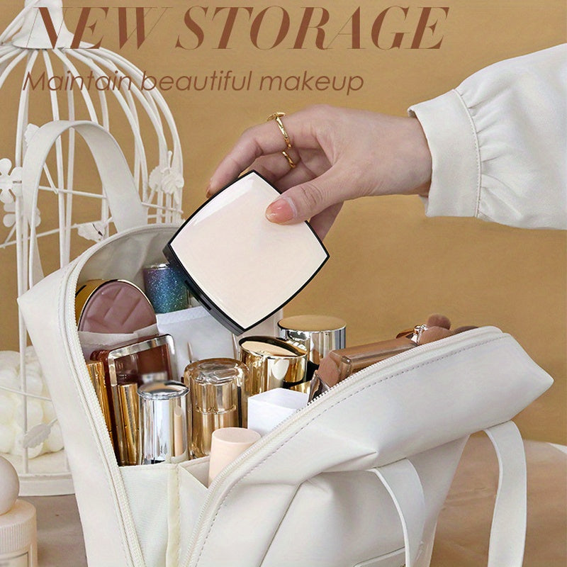 White Faux Leather Large Capacity Makeup Bag - Portable Double-Zipper Cosmetic Organizer for Travel & Home