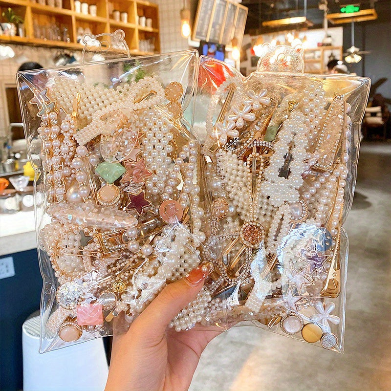 Pearl Bow Hair Clips Set – 10-Pack Korean Style Plastic Bow Barrettes with Duckbill Grips for Women