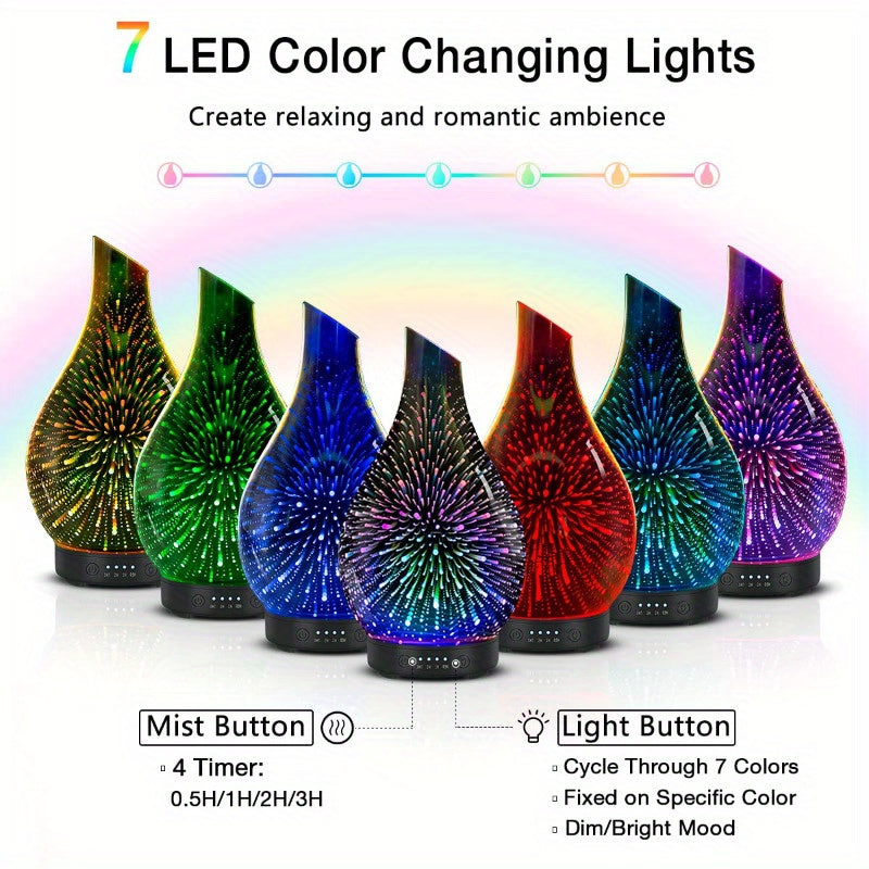 USB Essential Oil Diffuser 4.06 oz (120 ml) – Soundwave Technology, 7-Color LED Mood Light, Auto-Off & 4 Timers, BPA-Free Glass Oval for Home & Office