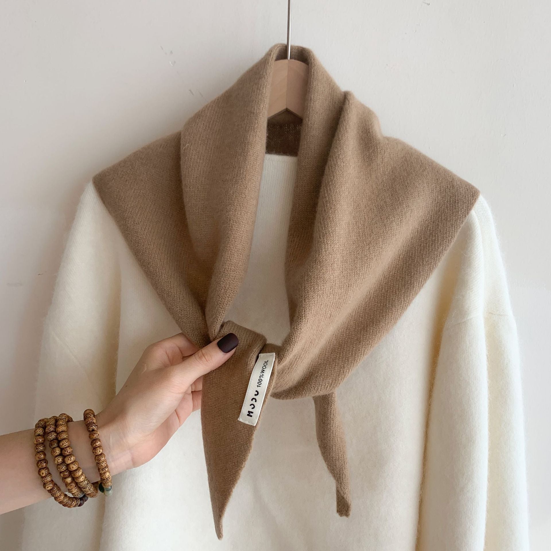 Women's Luxury 100% Wool Triangle Shawl Scarf - Brown Elegant Knit Neck Wrap, Headband & Face Cover for Winter, Office & Party