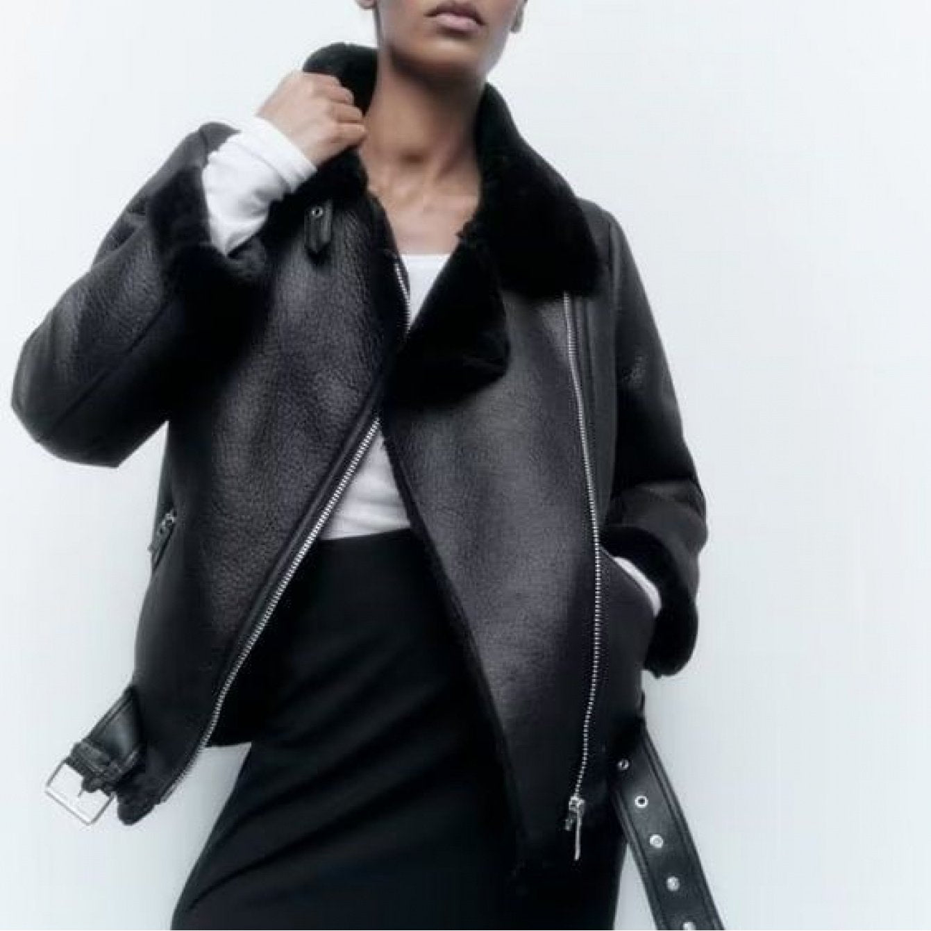 Women's PU Leather Jacket with Faux Fur Collar — Double-Sided Full-Zip Black Coat, Detachable Sleeves, Spring/Fall Casual & Formal Outerwear