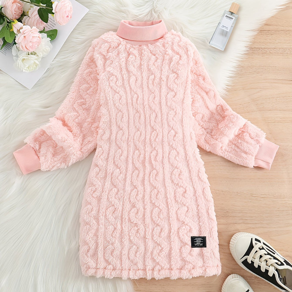 Girls' Mustard Yellow Fleece Cable Knit Dress - Long Sleeve Casual Fall/Winter, Machine Washable