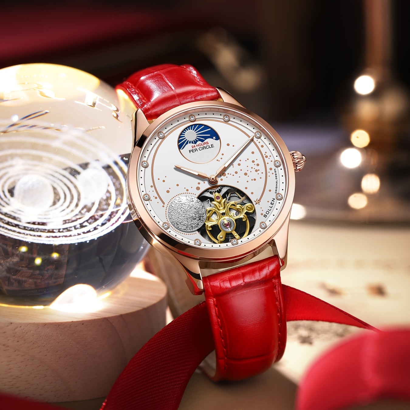Women's Mechanical Skeleton Watch with Luminous Hands, Rose Gold Case & Red Leather Strap, White Dial Luxury Gift