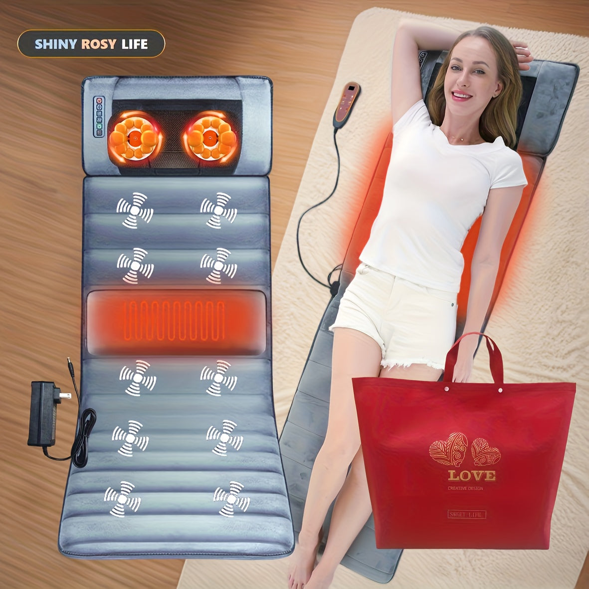 Full Body Massage Mattress with Neck Kneading, Lower Back Heating, Acupressure & 10-Zone Vibration — 12V Safe Voltage, Gray Velvet