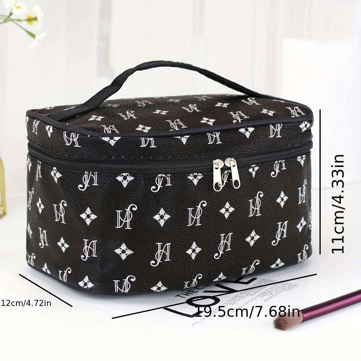 Minimalist Faux Leather Makeup Bag, Beige with Black Handles & Zipper, Compact Square Cosmetic Case and Portable Toiletry Organizer