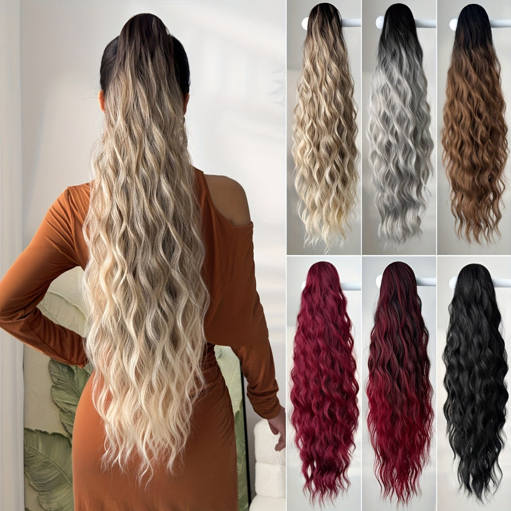 28-Inch (70 cm) Claw Ponytail Extension – Ombre Water Wave Heat-Resistant Synthetic Hair, Black to Dark Brown