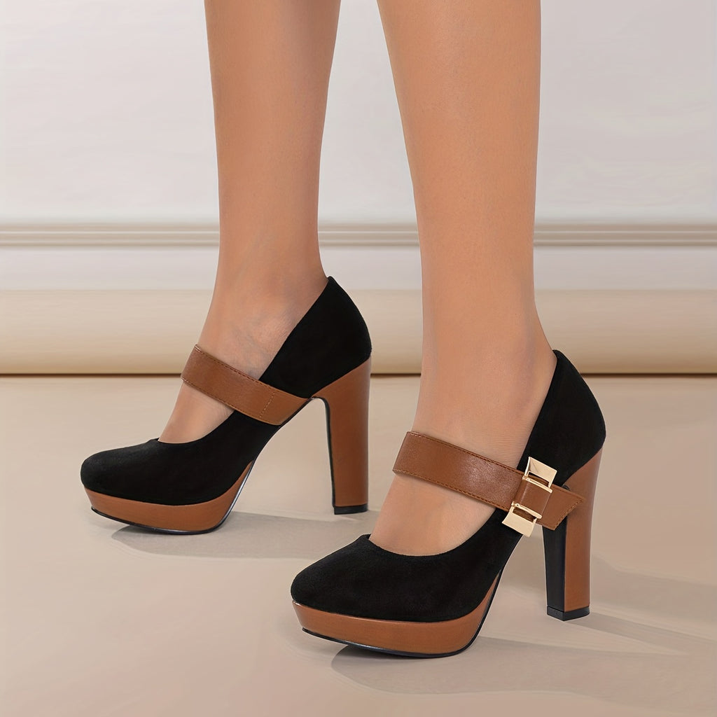 Retro Mary-Jane Round Toe Block Heel Pumps for Women - Buckle Platform High Heels