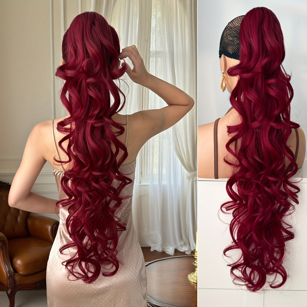 32 in (81 cm) Deep Wave Claw Ponytail Extension - Heat-Resistant Synthetic Clip-In, Burgundy/Brown/Black/Red Gradient